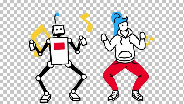 Animation video of robot and girl dance hip hop on transparent screen background
