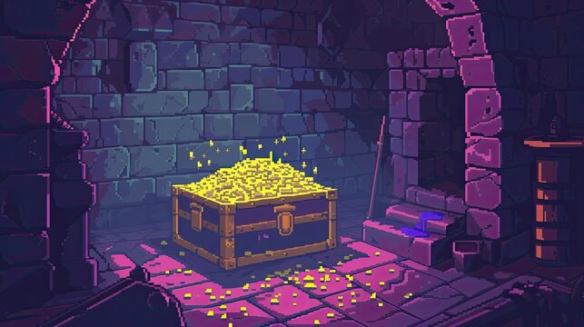 Pixel chest. Style, coin, dragon, master key, castle, fantasy, jewelry, cross, gold, pirates, treasure, computer, RPG, reward, dungeon, character, game. Generated by AI