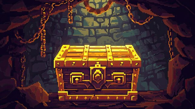 Pixel chest. Style, coin, dragon, master key, castle, fantasy, jewelry, cross, gold, pirates, treasure, computer, RPG, reward, dungeon, character, game. Generated by AI