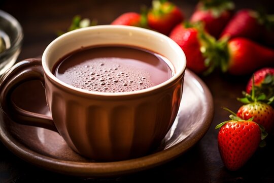
Picture of Champurrado served in a ceramic mug with additional strawberry syrup on top.