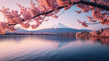 Ethereal Harmony: Mount Fuji Veiled in Cherry Blossoms' Delicate Dance