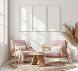 Frame mockup, Modern Living Room with Pink Armchair and Gallery Wal