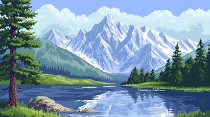 Pixel mountains. Style, clothes, blizzard, equipment, extreme, trail, snow, peak, rocks, height, clouds, rivers, skis, avalanche, air, climber, hike, gorge. Generated by AI