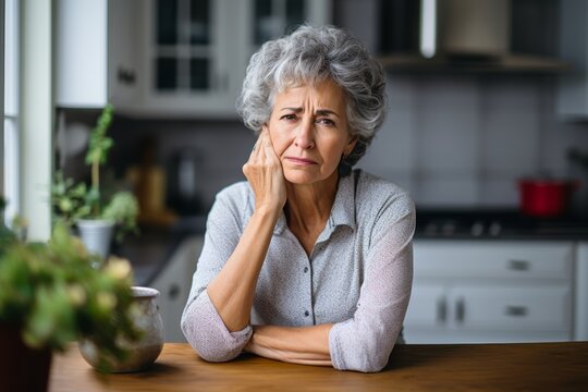 
Portrait of a mature woman, around 56 years old, of Caucasian ethnicity, with severe toothache, sitting in the kitchen at home.