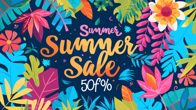 illustration flat design colorful tropical-themed advertisement banner with discount offer for a summer sale.