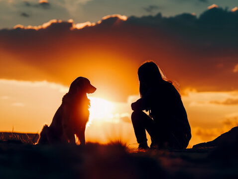 Female hiker with dog sitting on mountain top and watching beautiful sunset, Mountain devotion: Owner and dog silhouette against scenic backdrop, united in affection. AI generated image