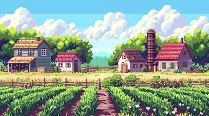 Pixel village. Style, cow, house, garden, milk, hut, farm, summer, farm, wilderness, field, river, nature, tree, fence, farm. Generated by AI