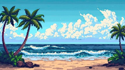 Obraz premium Pixel beach with palm trees. Style, swimming, sand, sea, sun, tan, relaxation, umbrella, swimsuit, heat, summer, water, pebbles, deck chair. Generated by AI