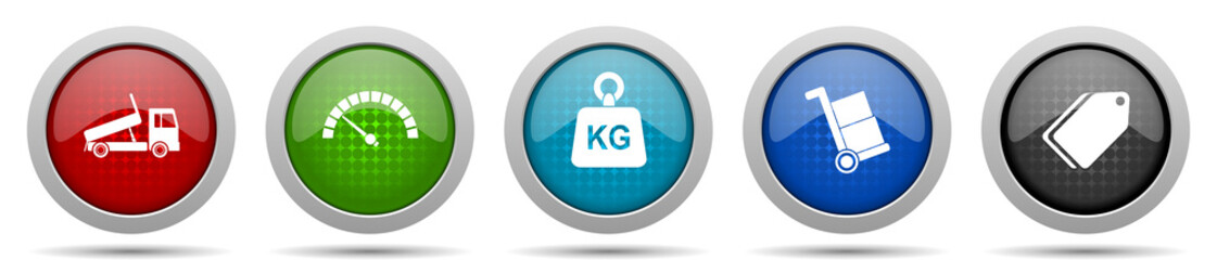 Transport icons, miscellaneous buttons such as truck, speedmeter, kg, barrow and ticket, circle glossy web icon collection