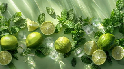 on a uniform green background, ingredients for a mojito, mint sprigs, lime wedges, ice cubes, a refreshing thirst-relieving drink