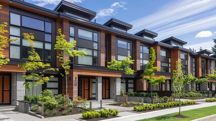An up-close look at the facade of a row of contemporary craftsman townhouses, featuring sleek lines, minimalist landscaping, and innovative design elements. - obrazy, fototapety, plakaty