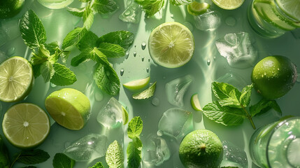 on a uniform green background, ingredients for a mojito, mint sprigs, lime wedges, ice cubes, a refreshing thirst-relieving drink