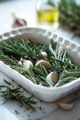 White porcelain dish containing rosemary and garlic, sit on marble surface
