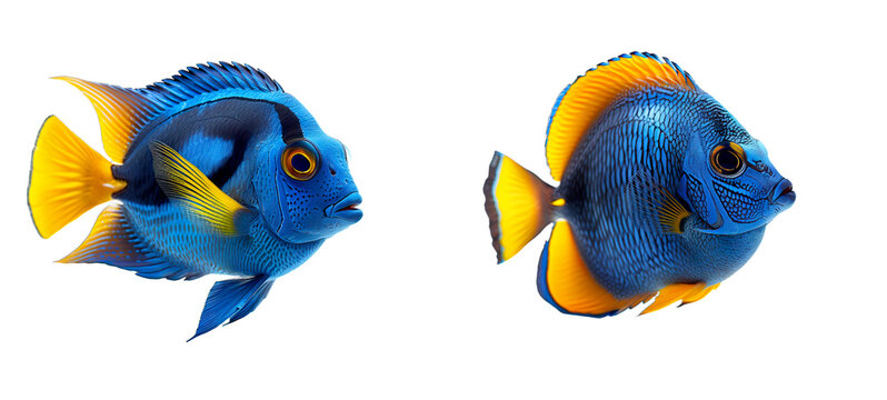 Blue tang isolated on transparent background - Two blue and yellow fish.