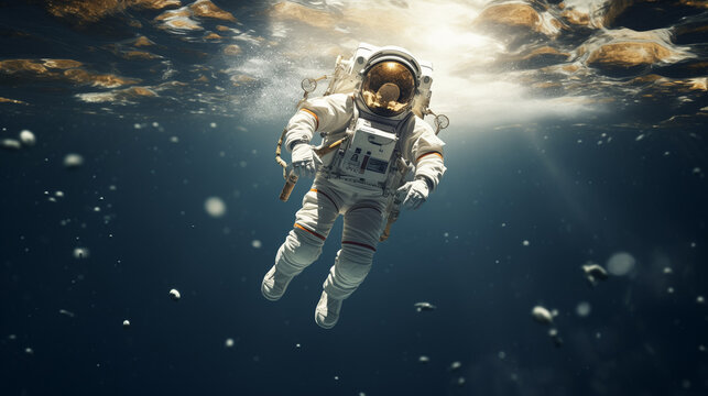 An astronaut in a spacesuit floating in water with blue sky Future cosmic travel concept. The concept of using virtual reality in education and entertainment. Virtual reality adventure. Generative AI. © Ivan