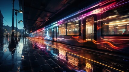 A moving subway car, train, at the evening station. Tram stop in the city. Speed, blurry movement of neon lights.