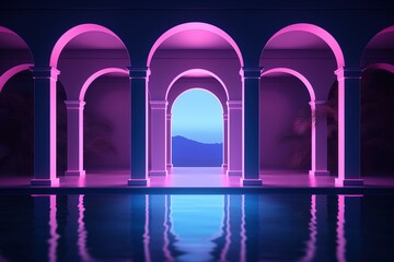 Architectural arches against the backdrop of an abstract surreal landscape illuminated with neon pink light. Calm water surface, sea. Fantastic interior, space of the metaverse.