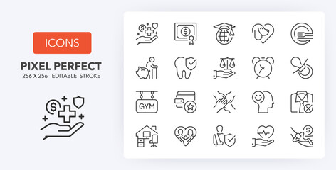 Employee benefits, thin line icon set. Outline symbol collection. Editable vector stroke. 256x256 Pixel Perfect scalable to 128px, 64px... - obrazy, fototapety, plakaty