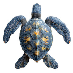 Fototapeta premium Sea turtle topview isolated on transparent background - A blue and yellow sea turtle with a white background.