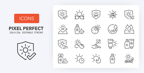 Sun protection. Outline symbol collection. Editable vector stroke. 256x256 Pixel Perfect scalable to 128px, 64px...