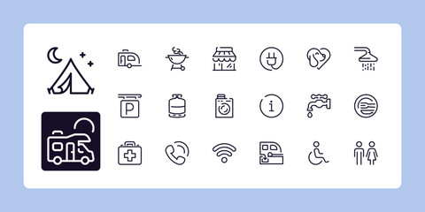 Camping services line icon set. Outline symbol collection. Editable vector stroke. 48 and 96 Pixel Perfect scalable to 192px, 384px...