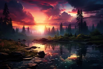 Fotobehang Beautiful sunset in the mountains. A mesmerizing landscape of rainbow colors. Tall trees, river, sky with clouds. © photolas