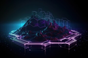 Futuristic abstract background, dark surreal landscape with neon hexagonal elements. Sci fi high technology concept, immersive reality