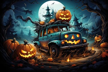 An antique car against the backdrop of a scary fairy-tale Halloween landscape. Old dry trees, pumpkins with glowing eyes, a full moon. - obrazy, fototapety, plakaty