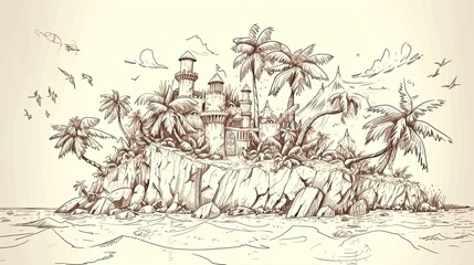 Beach with palm trees. Abstract, doodle, vacation, swimming, sand, sea, sun, tan, relaxation, umbrella, swimsuit, heat, summer, water, pebbles, deck chair. Generated by AI