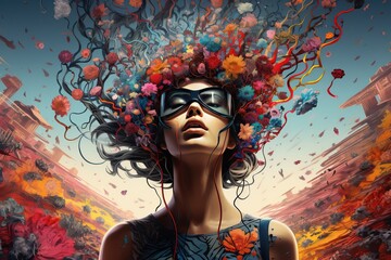 Young woman on a crazy abstract background. Influence of symptoms of mental illness, fantastic images and fantasies.