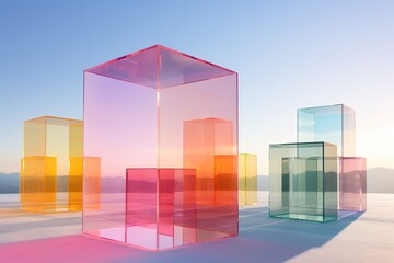 Multi-colored glass cubes, transparent geometric shapes, complex structure. Minimalistic abstract background.
