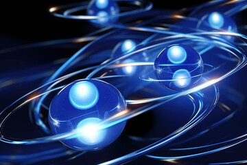 Fototapeta premium Abstract scientific background, blue neon quantum atom, glass transparent ball rotating in vacuum, electron orbital tracks.