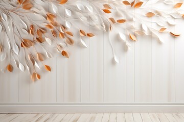 Paper tree, origami with white and gold orange leaves on a blank wall background. Minimal interior, space for text, mockup. Graceful curved shapes, luxury stage design for the product.