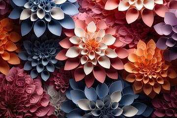 Multi-colored paper flowers, origami. Floral pastel background.