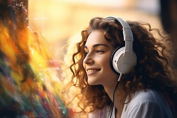 A young girl with stereophonic headphones. Romantic happy face. Multicolored abstract patterns and shapes on the background, illusion of a dream.