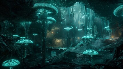 a labyrinthine network of underground tunnels, illuminated by softly pulsating bioluminescent fungi, hinting at a forgotten civilization's technological marvels.