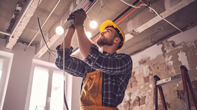 Skilled electrician installing recessed lighting fixtures. Skilled, ambiance, home improvement, renovation, precision, efficient, quality. Generated by AI