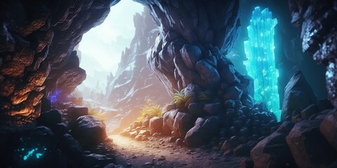 A magical cave with colored crystals and gems. A fairy tale mine, a fantasy dark landscape. AI generated.