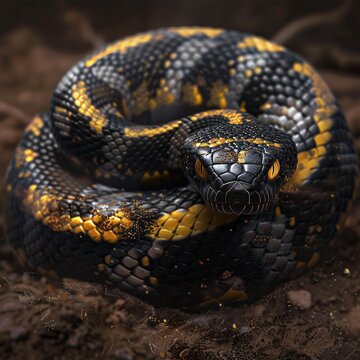 Snake's Eye - A captivating image of a yellow and black snake with a close-up of its eye, perfect for capturing attention and showcasing the snake's unique features. Generative AI