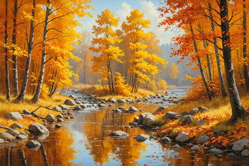 A painting of a river with trees and rocks