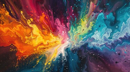 A dynamic and colorful abstract fluid painting creates a visual explosion of vivid hues and...