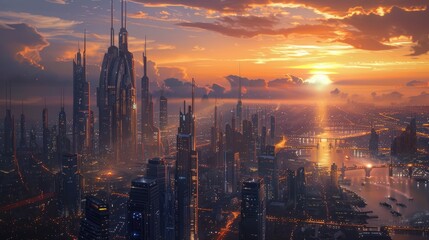 Futuristic urban skyline bathed in the glow of a setting sun with radiant city lights and sprawling architecture. - obrazy, fototapety, plakaty