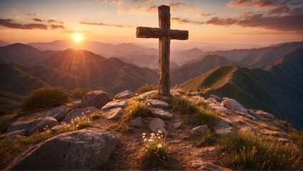 Christian cross on top of a mountain sunset landscape easter wallpapers, Easter - obrazy, fototapety, plakaty