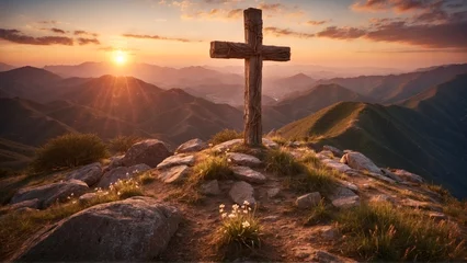 Fotobehang Christian cross on top of a mountain sunset landscape easter wallpapers, Easter © Марина Андриянова