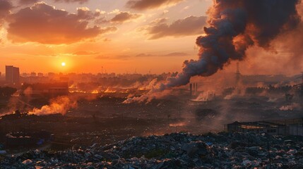 Smoke rises over a polluted cityscape as the sun sets, highlighting environmental challenges.