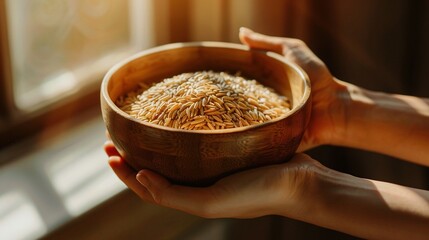 Hand gently cradling a wooden bowl filled with rice and scattered wheat grains Keywords