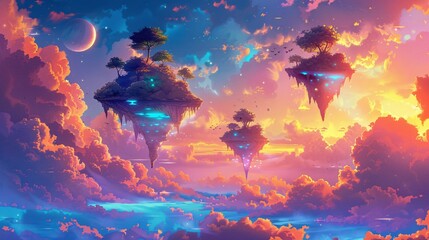 Fototapeta na wymiar Fantasy Island A Dreamy, Colorful World of Clouds and Trees Generative AI