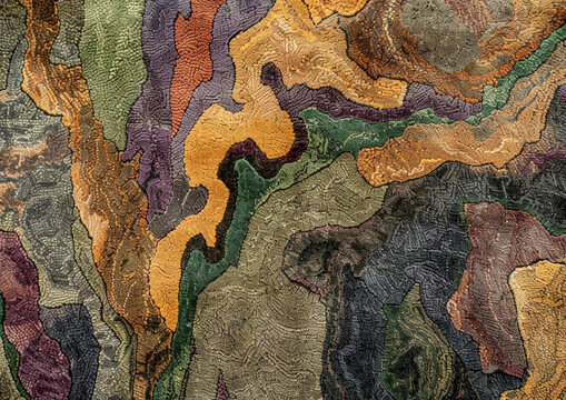A closeup view of dirt and moss in earthy tones, with green lines drawn on. The colors include brown, dark gray, light purple, red, orange, black, and yellow green
