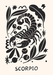 Zodiac signs Scorpio in Scandinavian style. Hand drawn vector illustration.