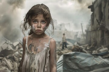 Fototapeta na wymiar War-Torn Child A Tale of Survival in the Ruins Generative AI